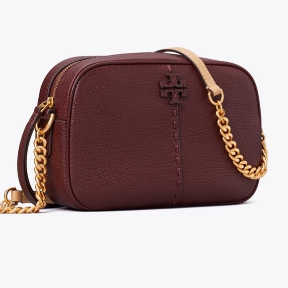TORY BURCH • TEXTURED MCGRAW LEATHER CAMERA BAG- color WINE - Picture 1 of 16